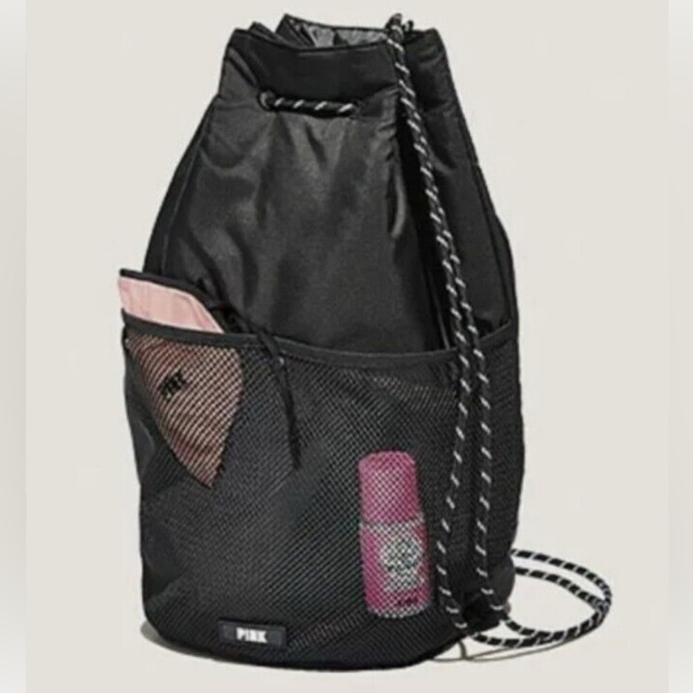NWT large PINK by Victoria’s Secret black padded drawstring bag/ backpack.In bag